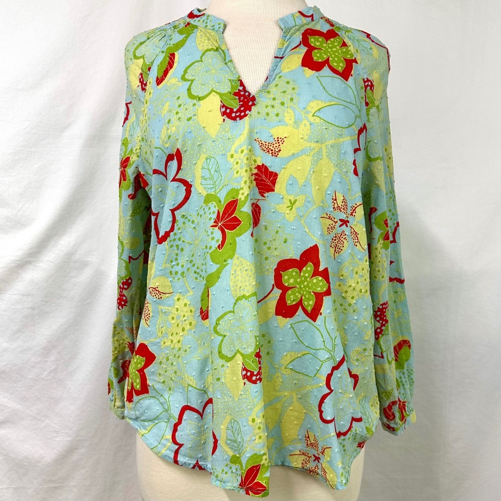 MODCLOTH 100% Cotton Retro Multicolor Swiss Dot Floral Popover Blouse Size L 60s